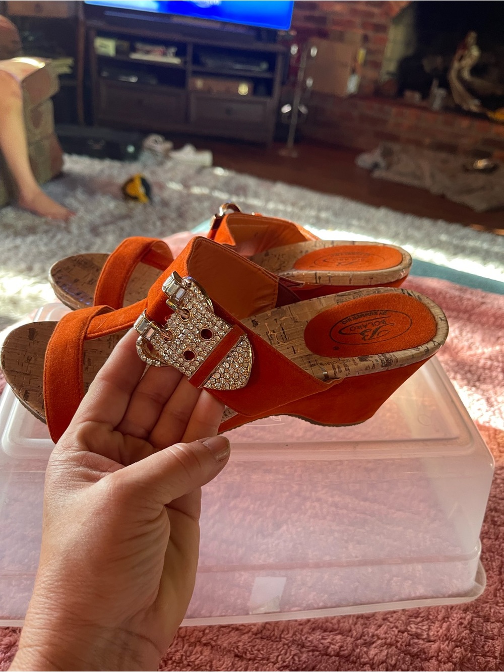 Bolero Embellished Orange Suede Wedge Mules